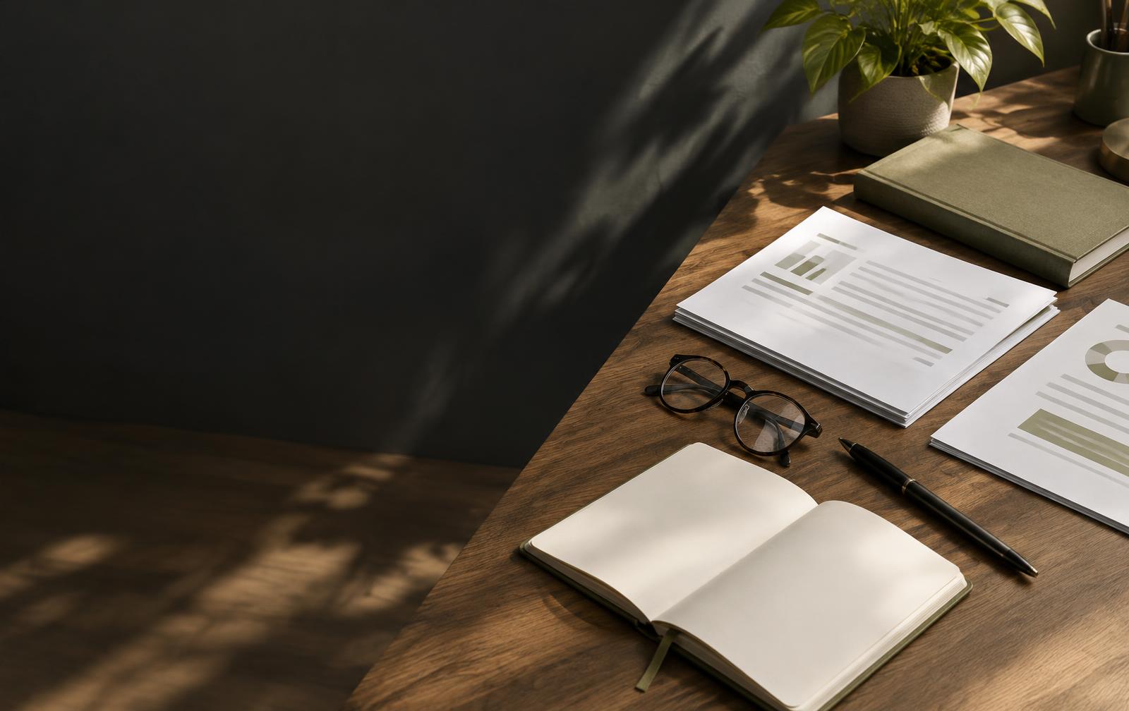 Caderno, documentos e livros em uma mesa de estudo